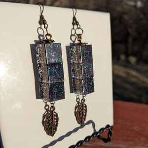 Feather Cube Earrings Epoxy Resin Sparkly Beads Lightweight Handmade Cute Unique